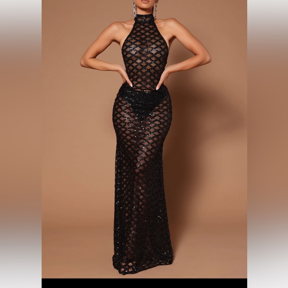 Fashionnova black sequin mesh maxi dress. M
